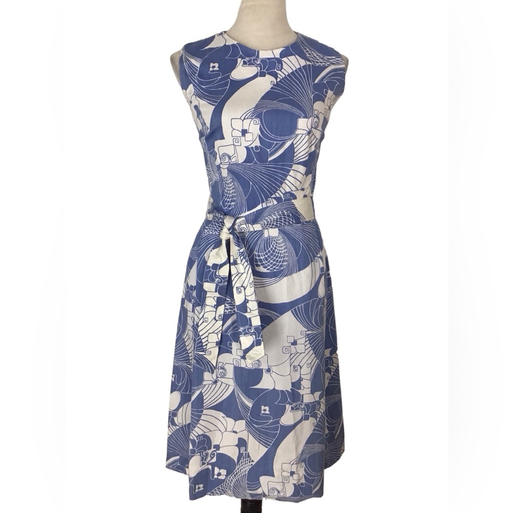 Vintage Tal Saunders Sleeveless Tropical Belted Midi Sheath Dre…